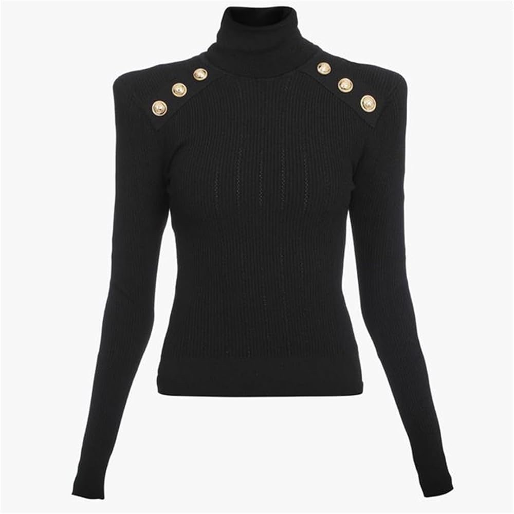 EXPRESS Black Turtleneck Sweater Military Gold Button Accent Balmain-Style Small